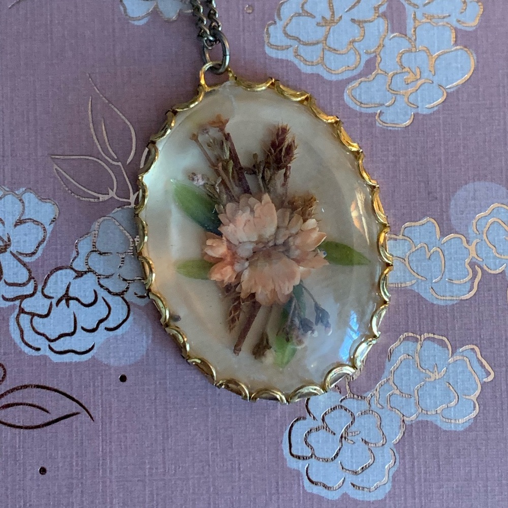 Vintage Necklace with Real Pressed Flowers
